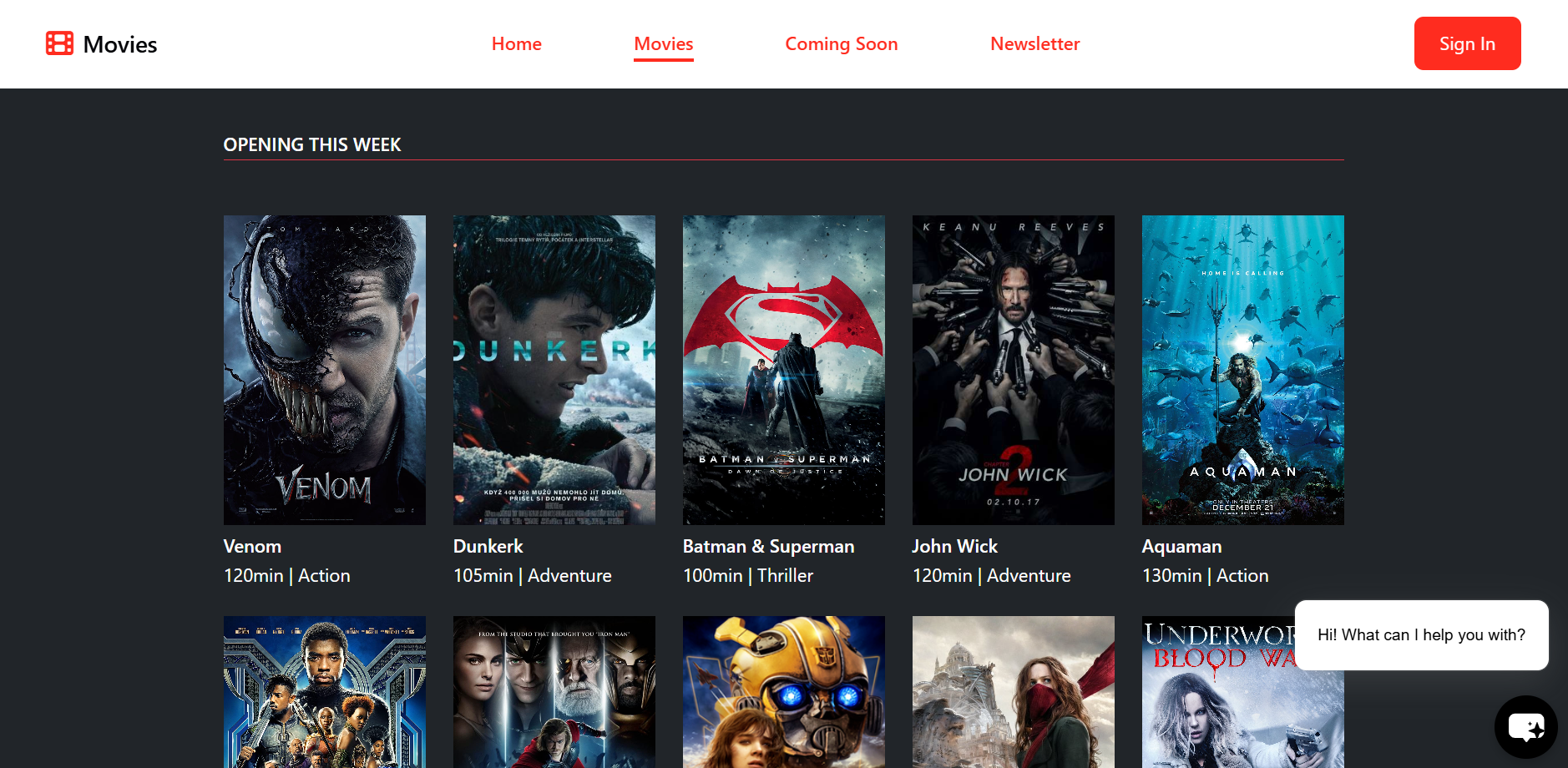 Movie app homepage with featured films